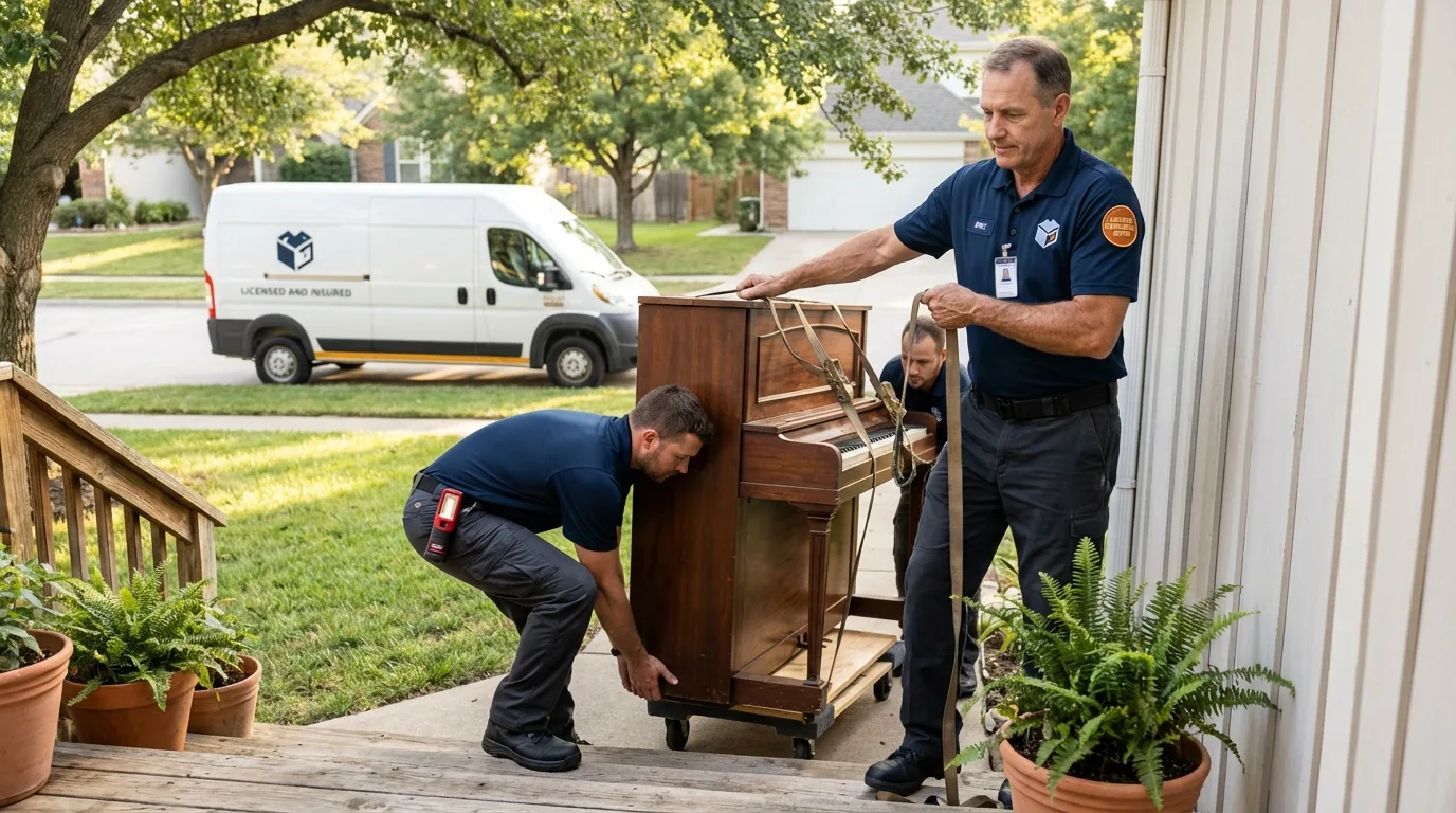 Licensed piano movers securing grand piano in Midpines, CA