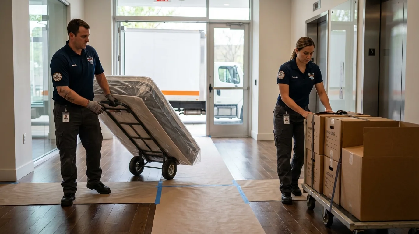 Professional apartment movers loading elevator in Midpines, CA