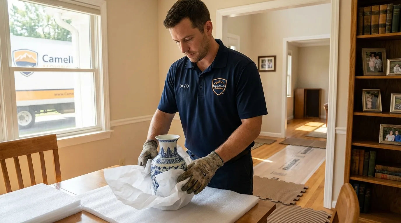 Professional crew carefully wrapping antique vase for senior downsizing move in Midpines, CA