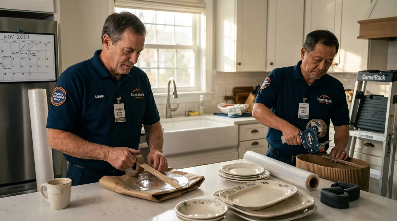 Professional crew packing kitchen dishware in Midpines, CA